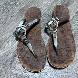 Michael Kors Silver-Tone Logo Cork Footbed Thong Sandals